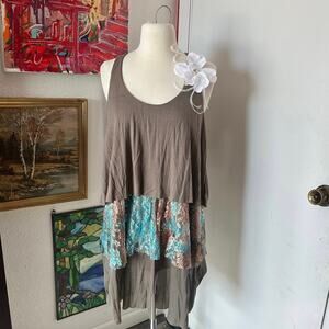 surrealist brown and blue layered dress